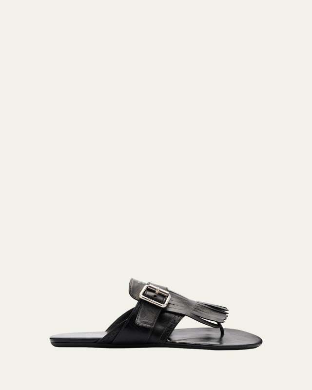 Vitello Leather Fringe Buckled Thong Sandals